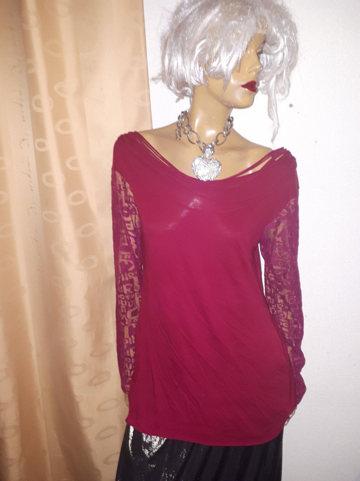 Bordeauxrode top met kanten mouwen cora Kemperman maat S zga, Kleding | Dames, Ophalen of Verzenden, Lange mouw, Maat 36 (S), Rood