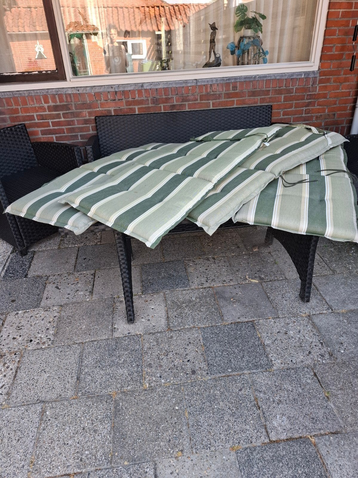 Tuinkussens gestreept groen/wit 116x50 cm, Ophalen of Verzenden, Gebruikt