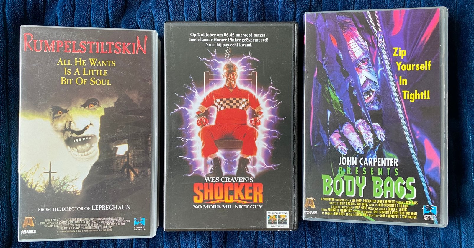 3 horror + 4 vhs films Rumpelstiltskin Shocker Body Bags, Vanaf 16 jaar, Ophalen of Verzenden, Gebruikt, Horror