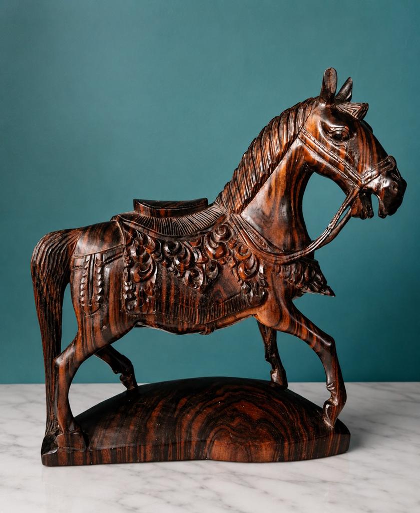 Coromandel Houten Paard Beeld - Zeer Gedetailleerd Gesneden, Antiek en Kunst, Ophalen of Verzenden, 20 - 50 cm, Beeld, Hout