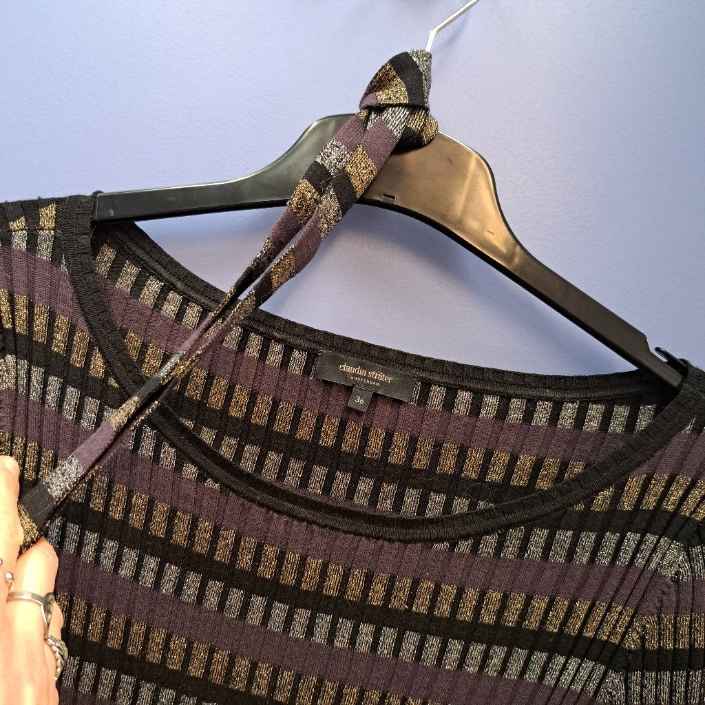 Claudia Sträter midi jurk gestreept metallic goud 36 44654, Overige kleuren, ., Ophalen of Verzenden, Zo goed als nieuw