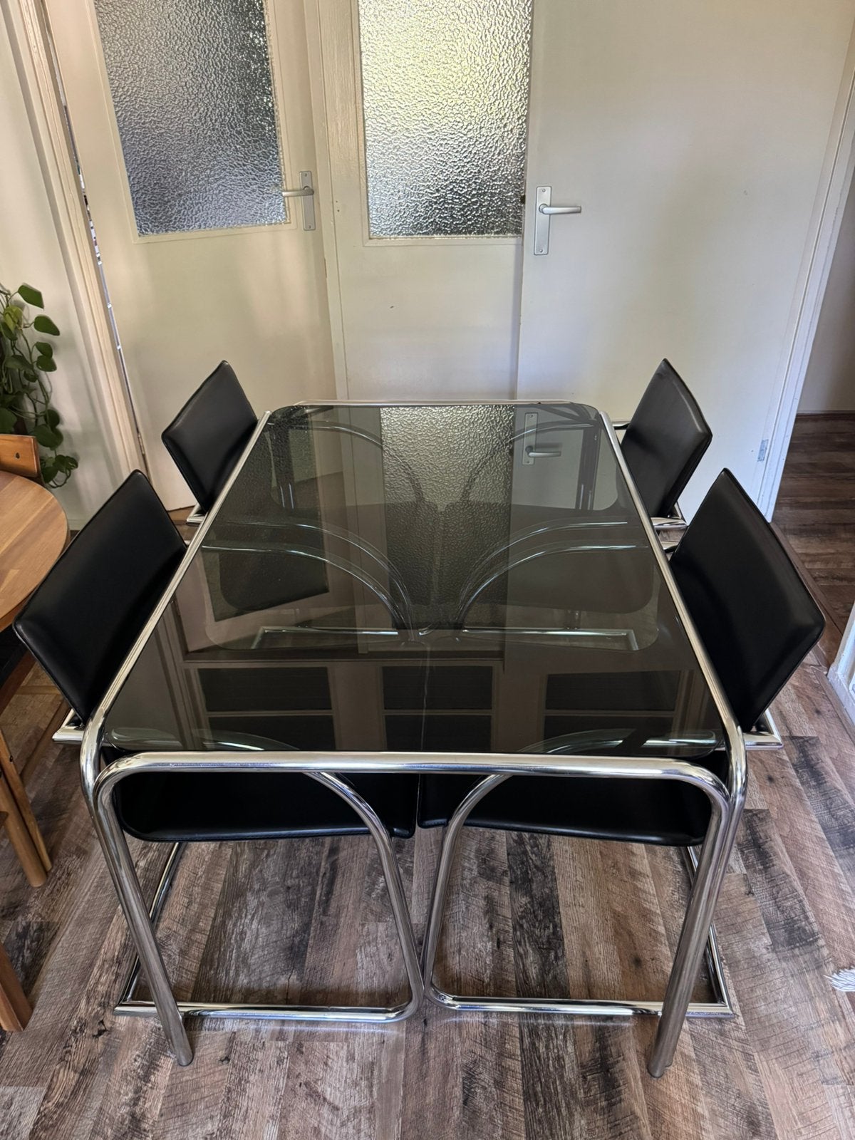 Smoked glass table set space age, Ophalen, Zo goed als nieuw, 4 tot 6 stoelen