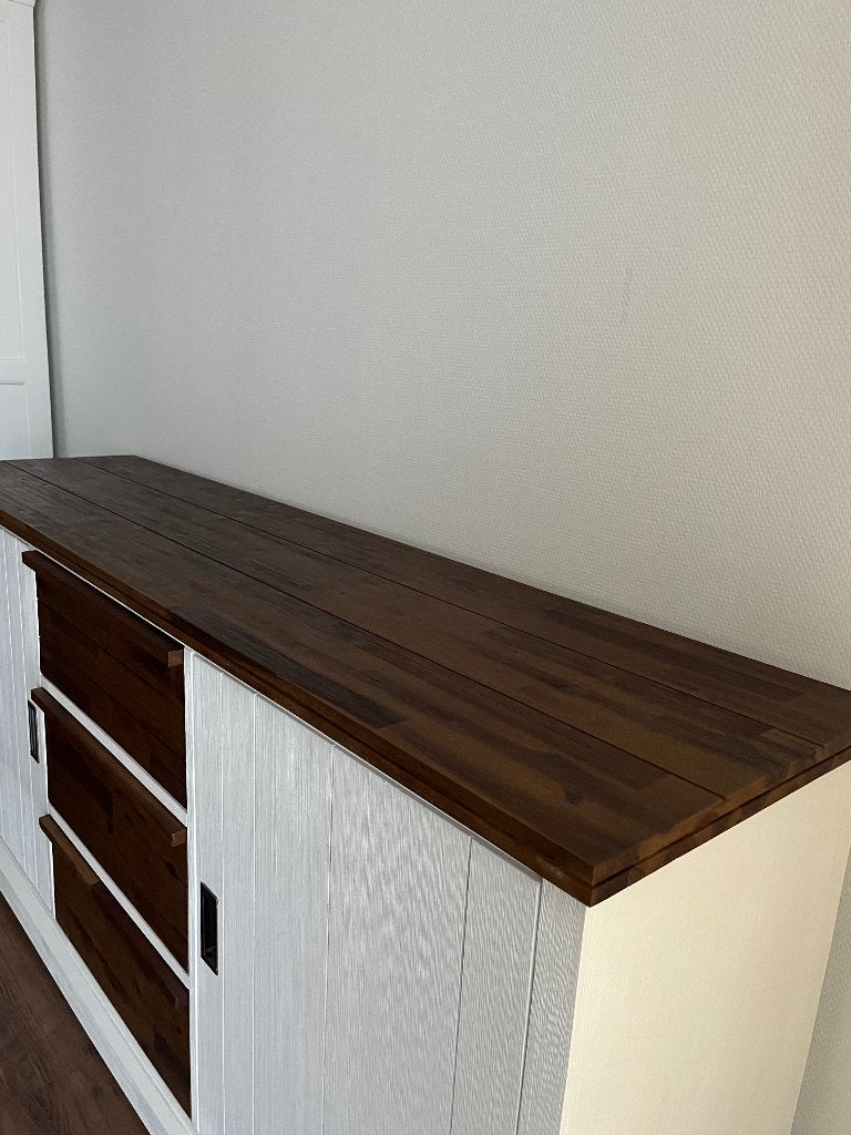 Landelijke acaciahout dressoir wit/bruin- 180cm, Ophalen, Overige materialen, Gebruikt, Met lade(s)