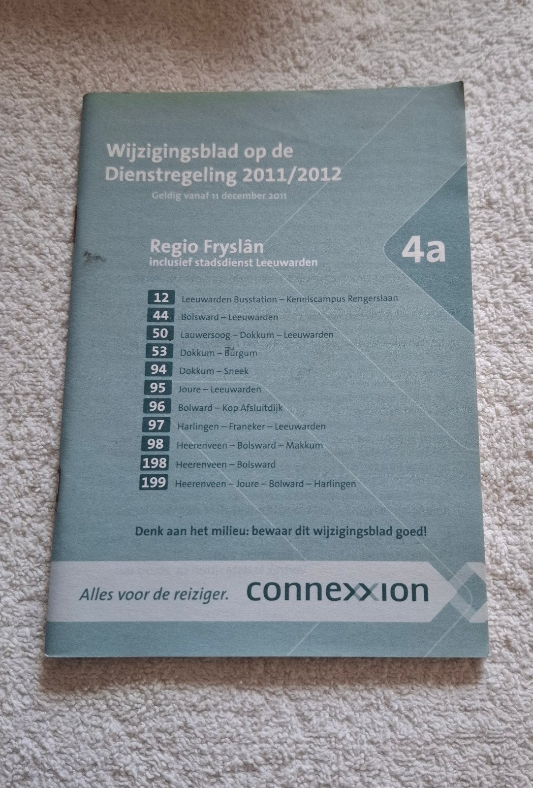 Connexxion Wijzigingsblad Dienstreg 2011/2012 Regio Fry, Ophalen of Verzenden, Zo goed als nieuw, Bus of Metro, Overige typen