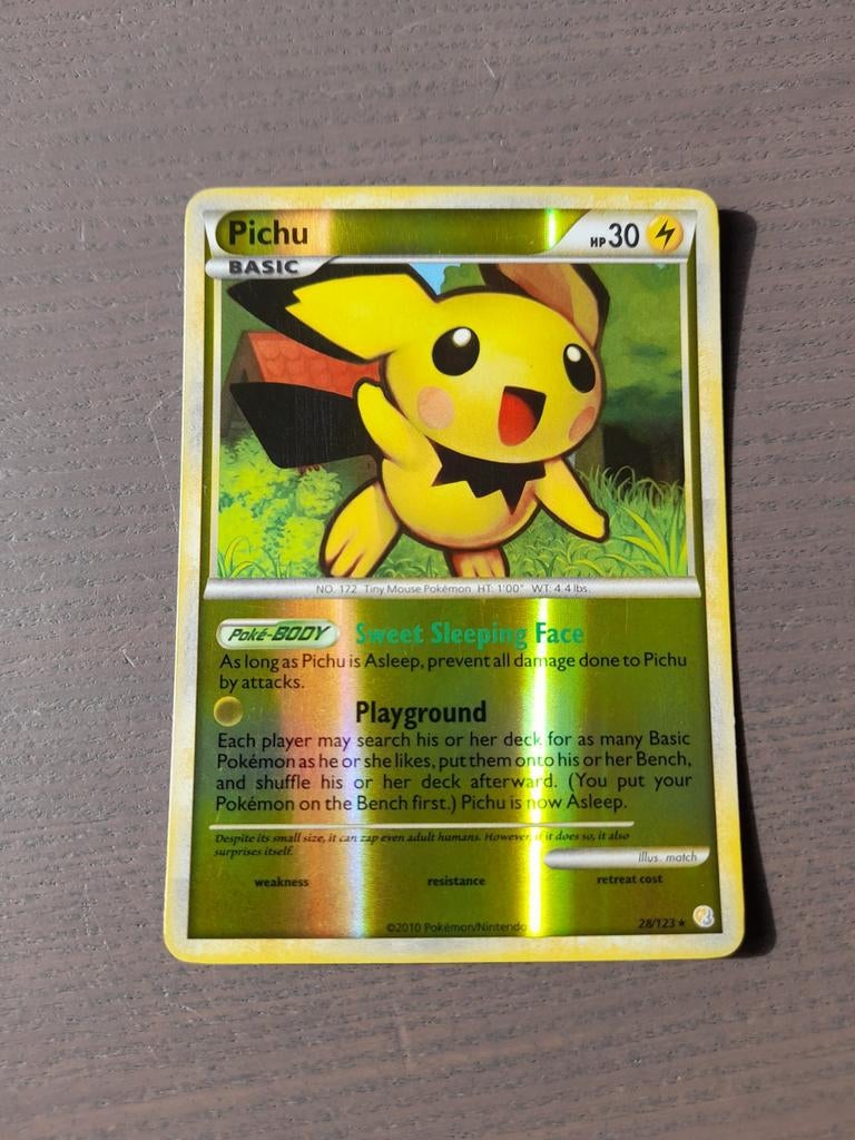 Heartgold & soulsilver 28/123 pichu reverse, Ophalen of Verzenden, Gebruikt, Losse kaart, Foil