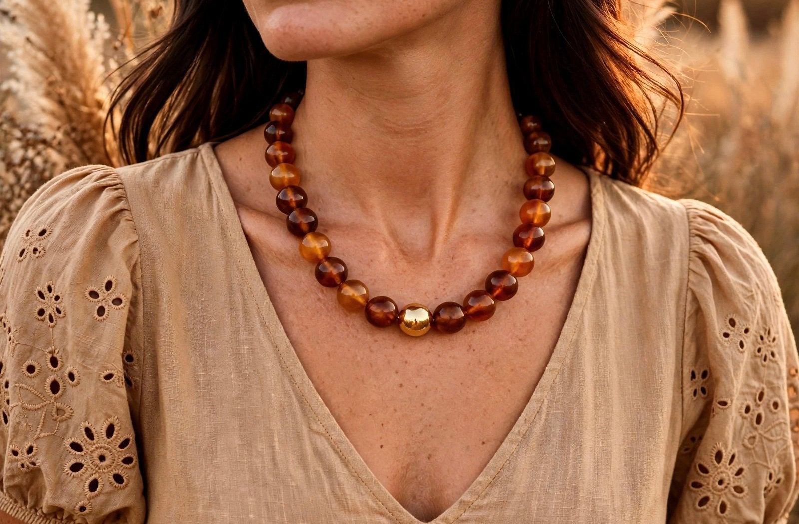 Boho Ibiza Amber & goud nieuw, Overige materialen, Verstelbaar, Bruin, Nieuw