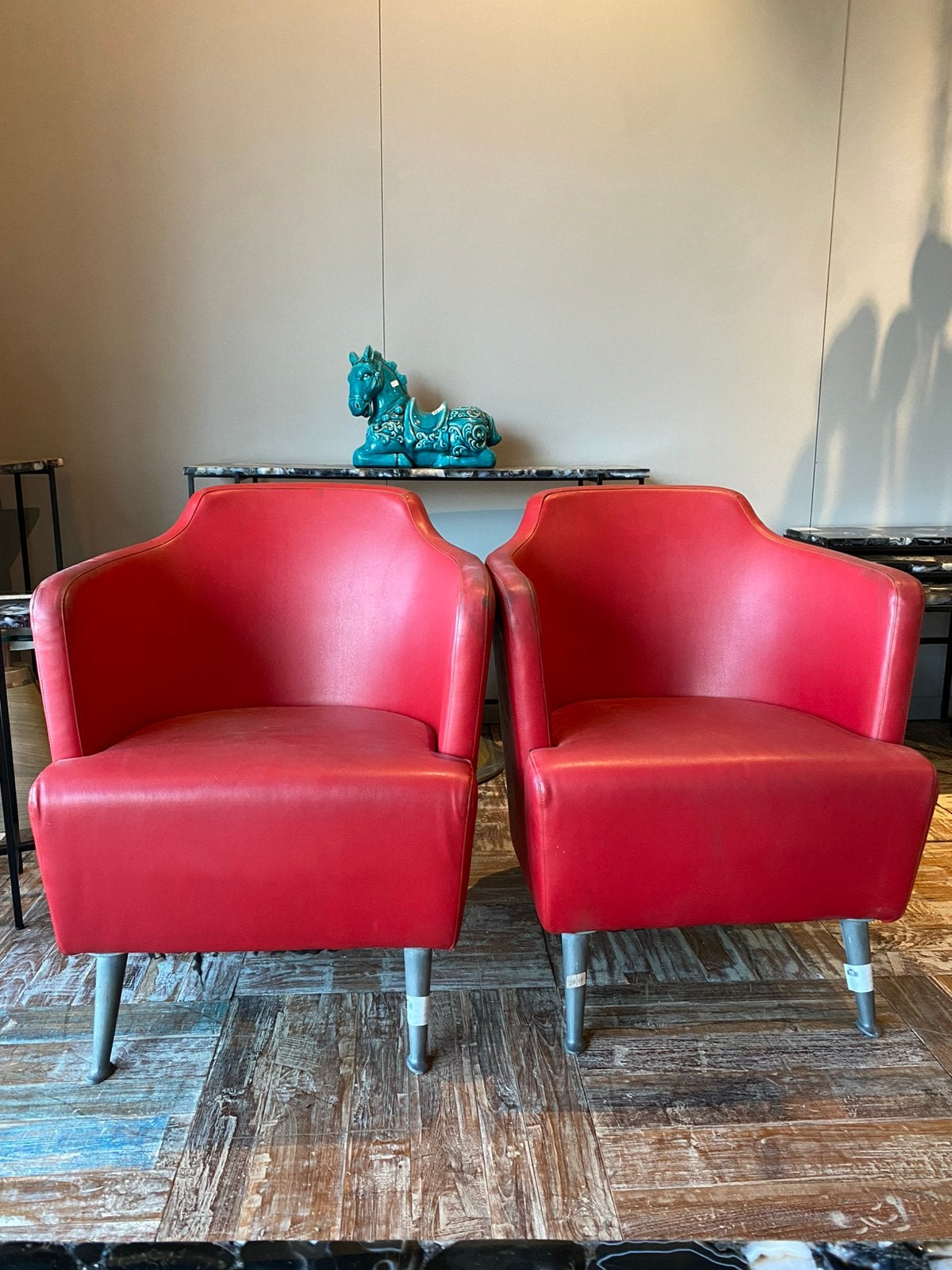 Vintage rood leren fauteuils met metalen pootjes, Gebruikt, Minder dan 75 cm, Ophalen of Verzenden, Leer