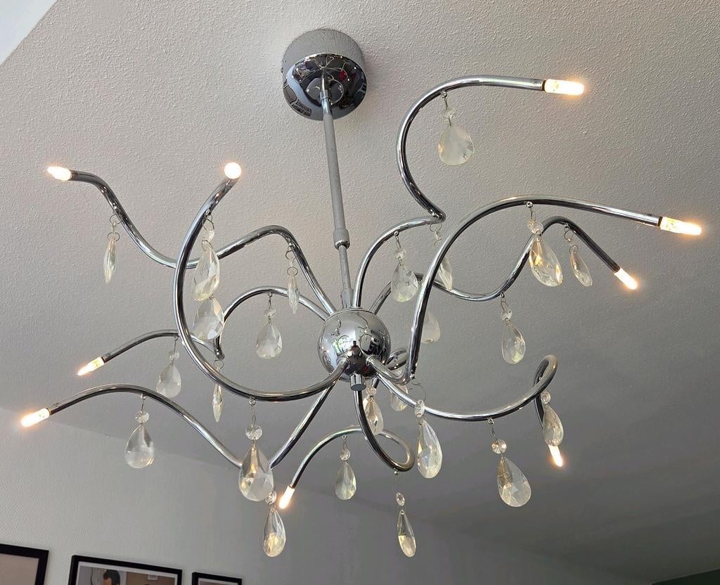 Moderne Kroonluchter met Kristallen - Chroom Design, Gebruikt, 50 tot 75 cm, Modern, Chique, Glamour, Ophalen of Verzenden