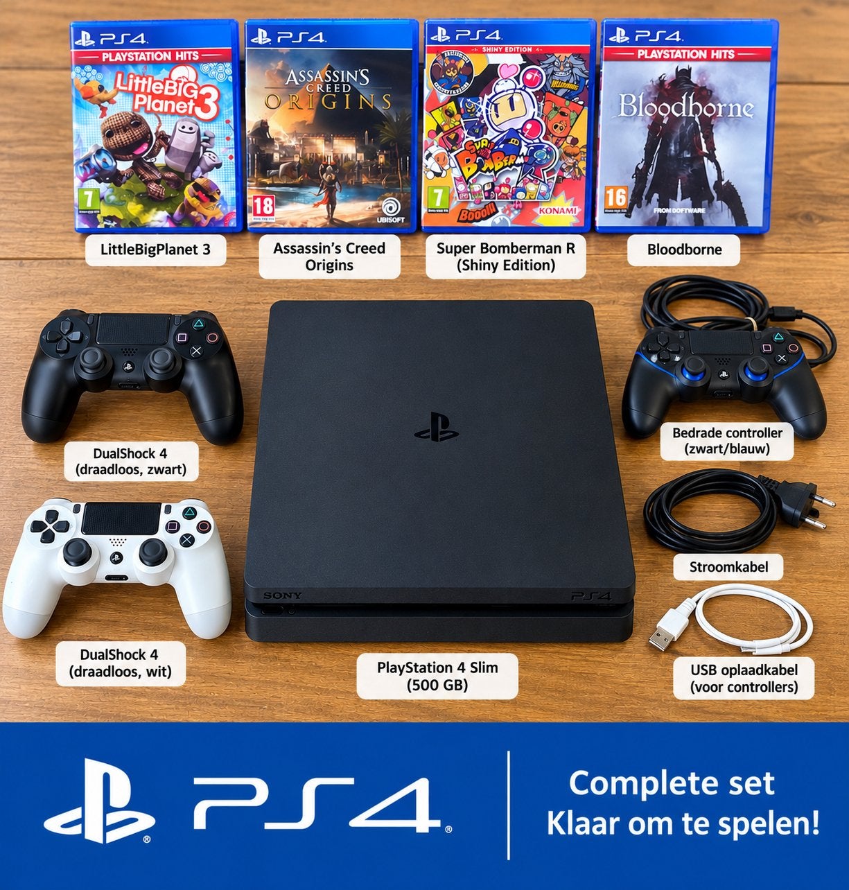 PS4 Slim 500GB met 3 controllers en 4 games, Verzenden, Met 3 controllers of meer, Slim, 500 GB