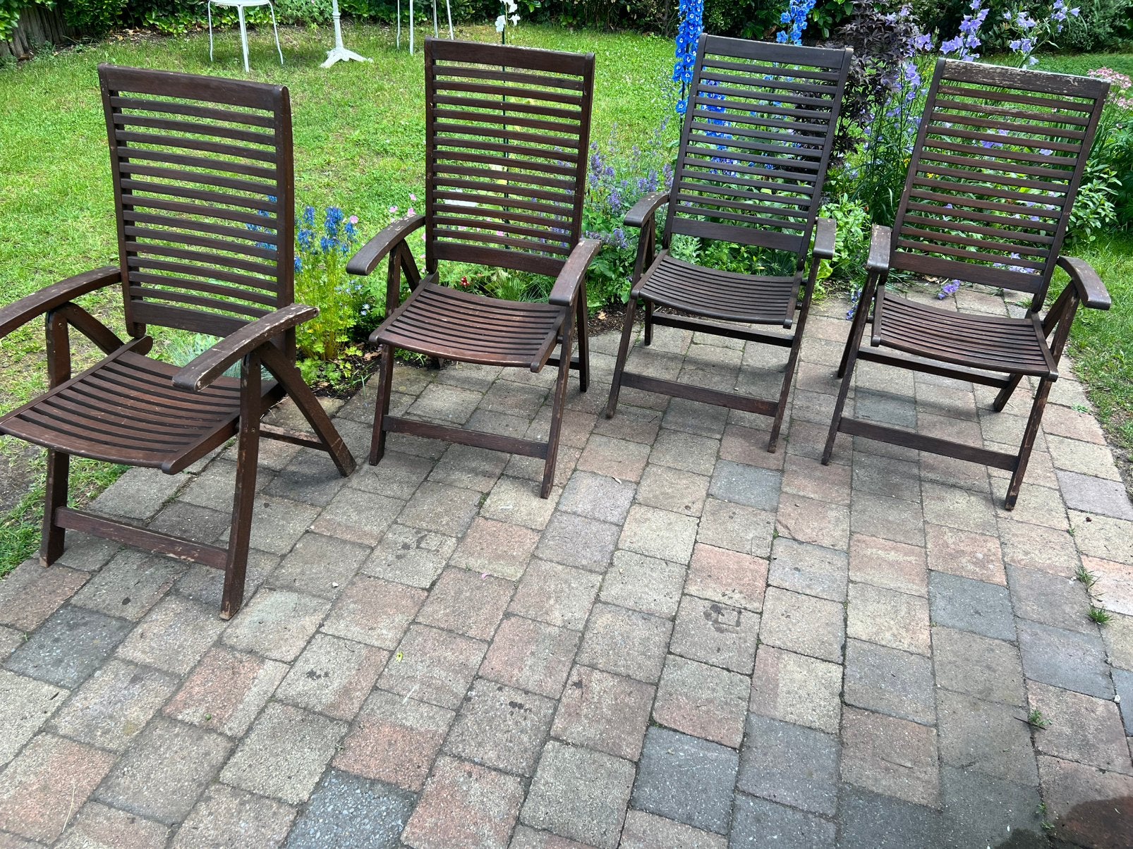 4 Houten Tuinstoelen - Inklapbaar / Verstelbaar, Tuin en Terras, Tuinstoelen, Ophalen, Zo goed als nieuw, Wicker, Inklapbaar
