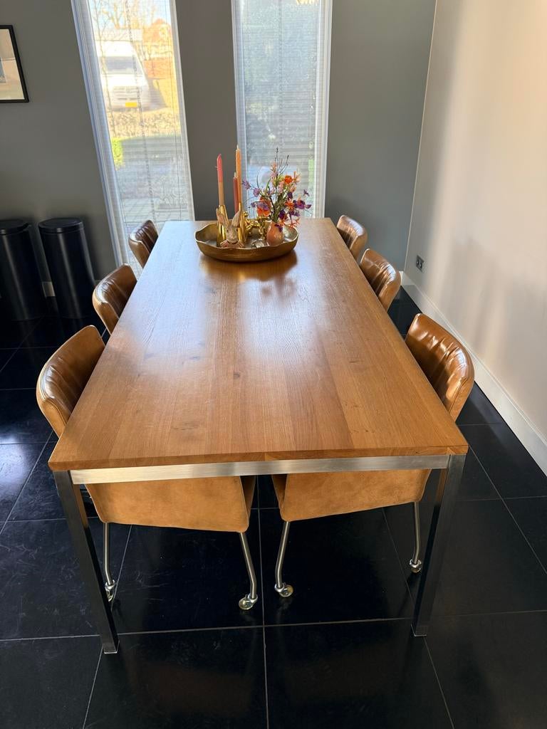 Lichte eiken eettafel met aluminium poten (220x100cm), Huis en Inrichting, Tafels | Eettafels, Gebruikt, 100 tot 150 cm, 200 cm of meer