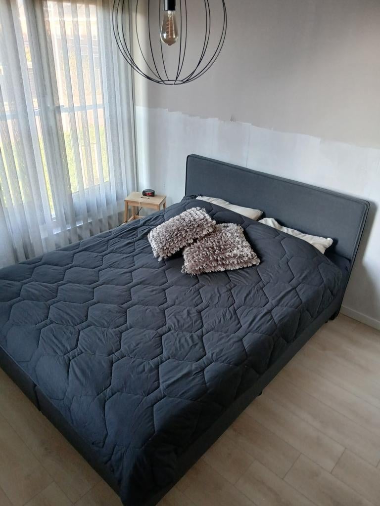 Tweepersoons boxspring met hoofdbord, donkergrijs, Ophalen, Gebruikt, Tweepersoons, 200 cm