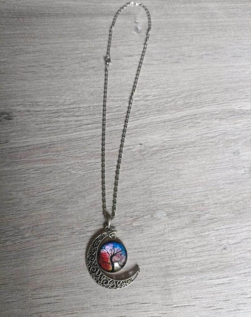 Maan ketting met levensboom hanger, Gebruikt, Verzenden, Zilver, Overige materialen