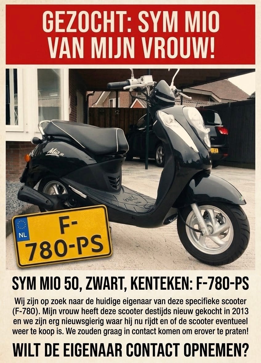 Gezocht: SYM Mio 50, zwart, kenteken F-780-PS, Fietsen en Brommers, Mio, Gebruikt, Ophalen of Verzenden, Benzine
