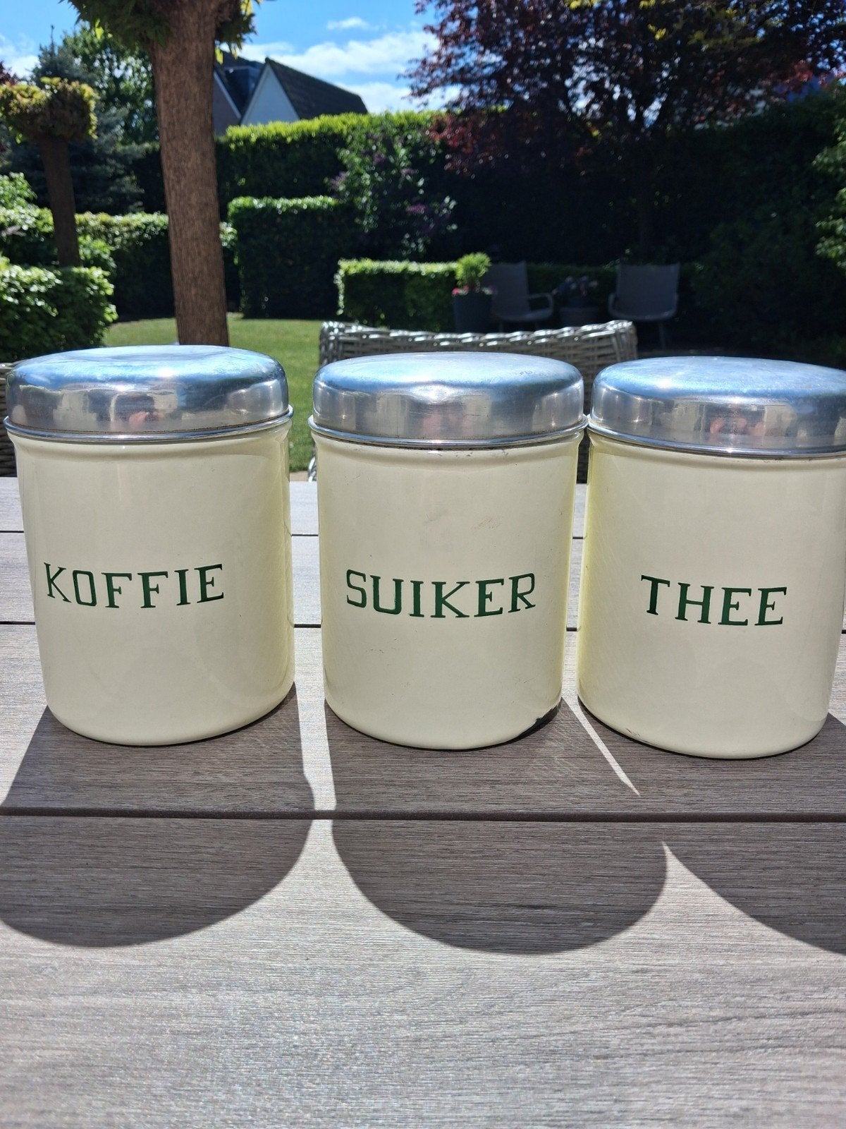 Vintage emaille voorraadpotten (Koffie, Thee, Suiker), Antiek en Kunst, Antiek | Emaille, Ophalen of Verzenden