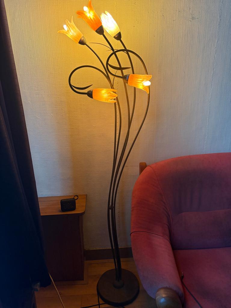 Elegante vintage 5-lichts lelie vloerlamp, Ophalen, Gebruikt, Glas, 150 tot 200 cm