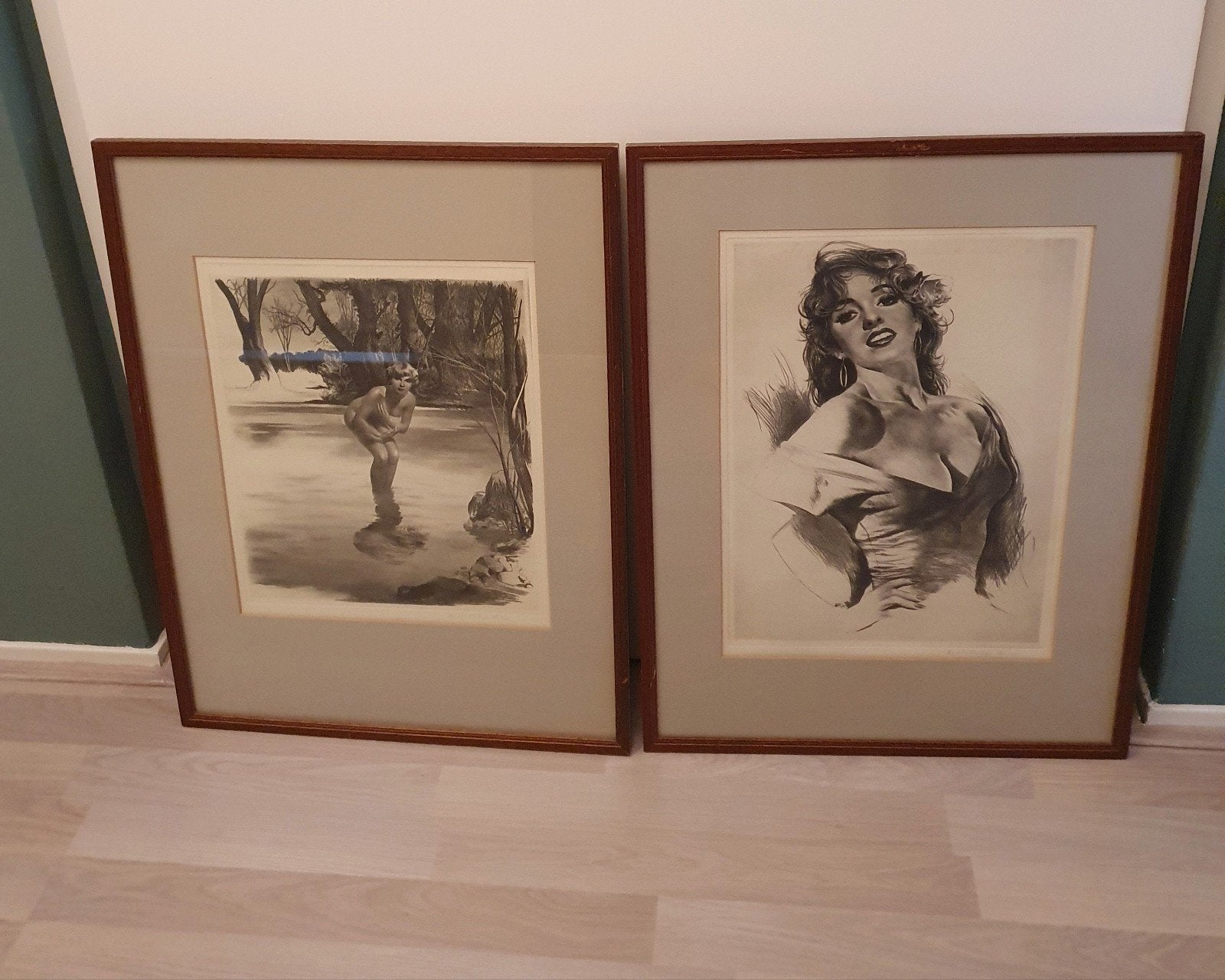 2 ingelijste schilderijen ets  gravure tekening?, Antiek en Kunst, Ophalen