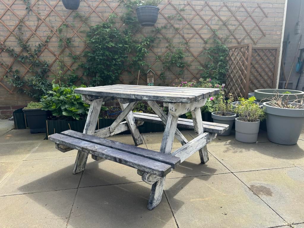 Houten picknicktafel met bankjes - 45x90 cm, Ophalen, Gebruikt, Rechthoekig, Hout