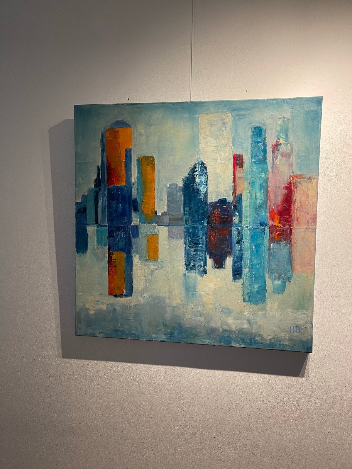 Schilderij ‘skyline in blauwtinten’ (90x90 cm), Ophalen, Acrylverf, Handgeschilderd, Stadsgezicht