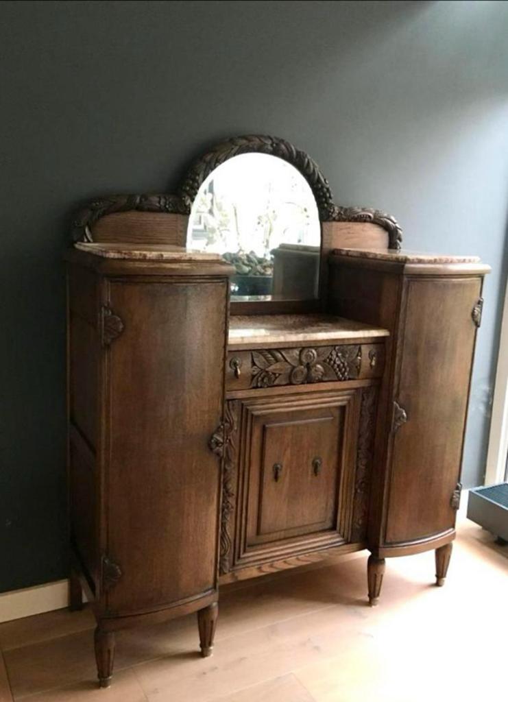 Amsterdamse School, tafel en buffetkast marmer en spiegel., Ophalen
