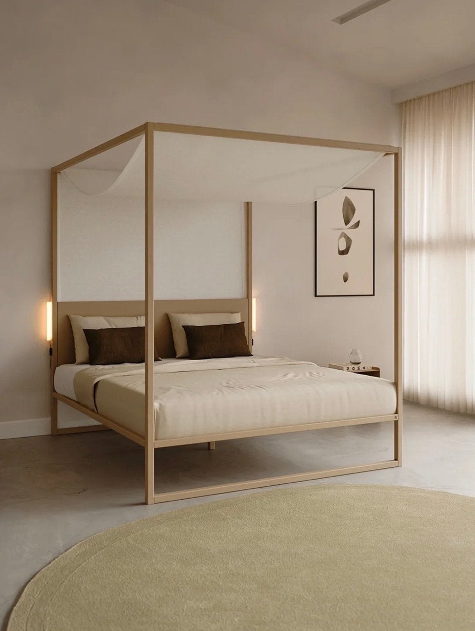 Modern Hemelbed - Tweepersoons - Hout - Zo goed als nieuw, Huis en Inrichting, Slaapkamer | Bedden, Ophalen, Beige, Tweepersoons