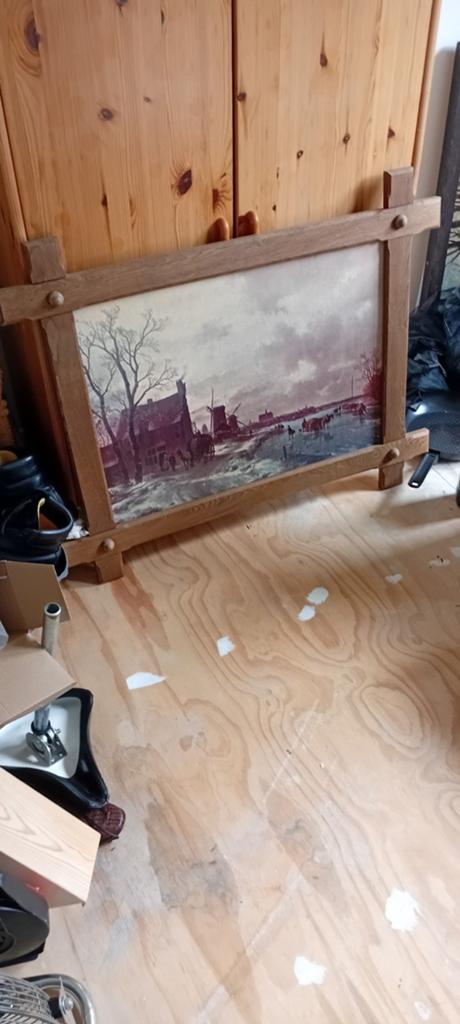 Antieke winterlandschap prent in houten lijst, Antiek en Kunst, Ophalen