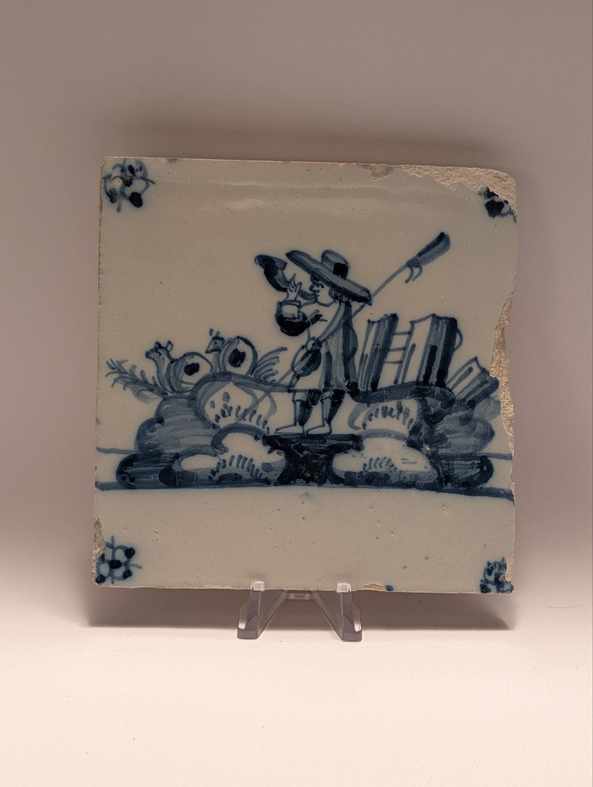 Antieke Delfts Blauwe Tegel met Boer en Hooivork, Antiek en Kunst, Ophalen of Verzenden