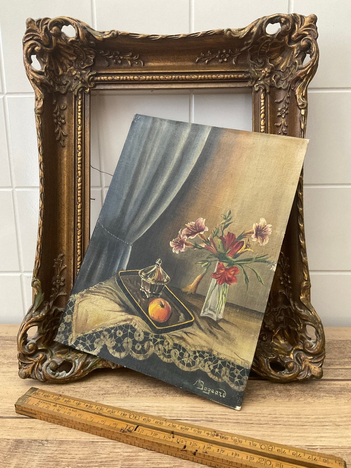 Vintage stilleven boeket bloemen - gesigneerd Bogard, Ophalen, Doek, Stilleven, Gesigneerd