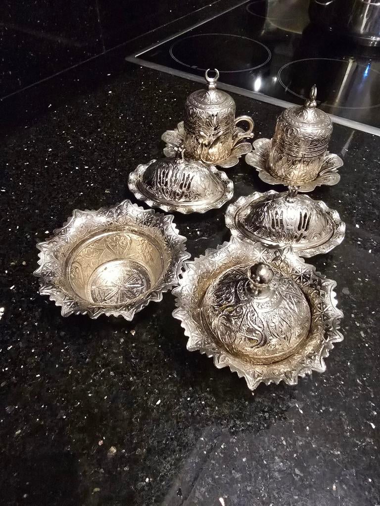 Turkse koffieset met schaaltjes - Zilverkleurig, Ophalen of Verzenden