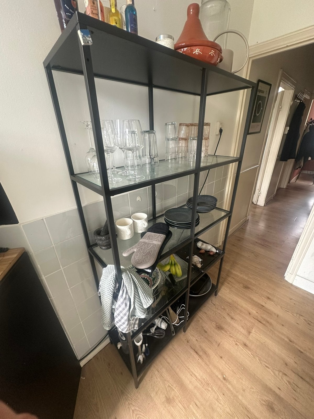 Industriële open vakkenkast met glazen leggers, Huis en Inrichting, Kasten | Boekenkasten, 50 tot 100 cm, 150 tot 200 cm, 25 tot 50 cm