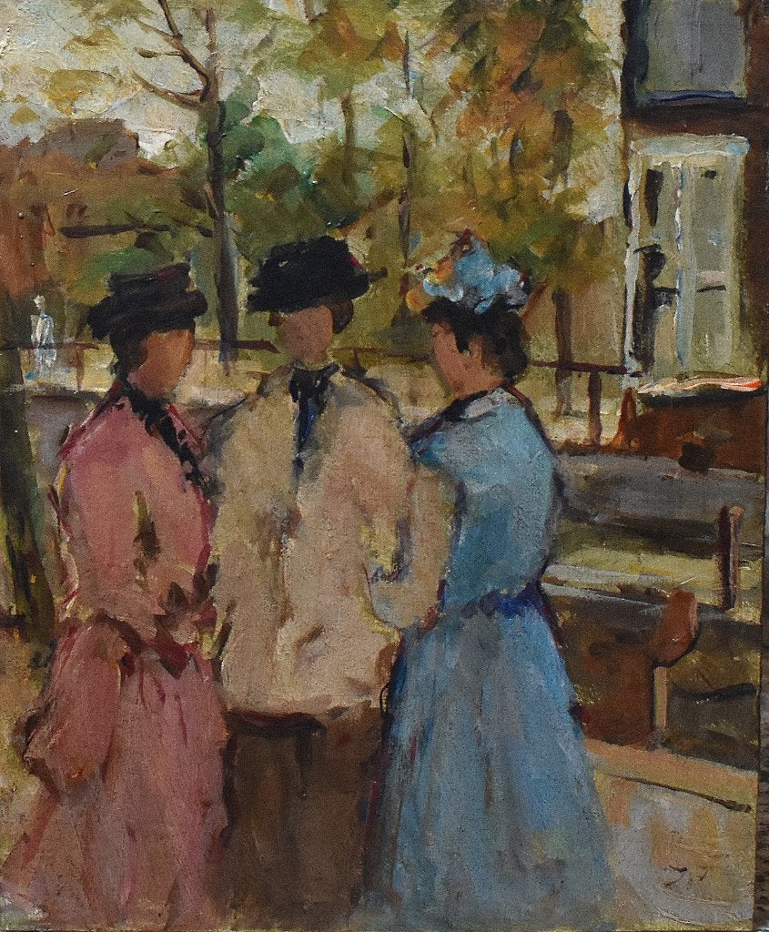 Schilderijtje drie dames bij de gracht Isaac Israels., Verzenden, Portret of Personen, Impressionistisch, Gesigneerd