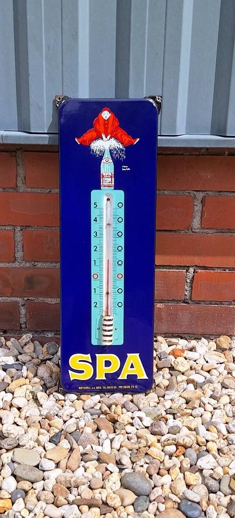 Heeele mooie emaille reclame-thermometer van Spa Monopole., Ophalen, Reclamebord, Gebruikt, .