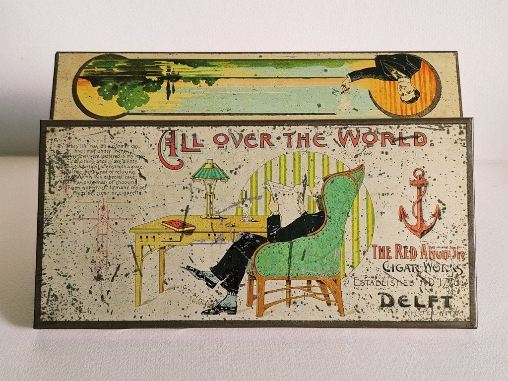 Antiek sigarenblik HILLEN Delft, rond 1905 ART NOUVEAU, Verzamelen, Blikken, Verzenden, Gebruikt, Overige, Overige merken