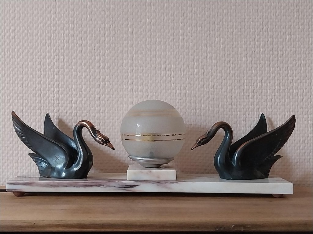 Art Deco lamp met zwanen zamak op marmer jaren 30, Ophalen of Verzenden