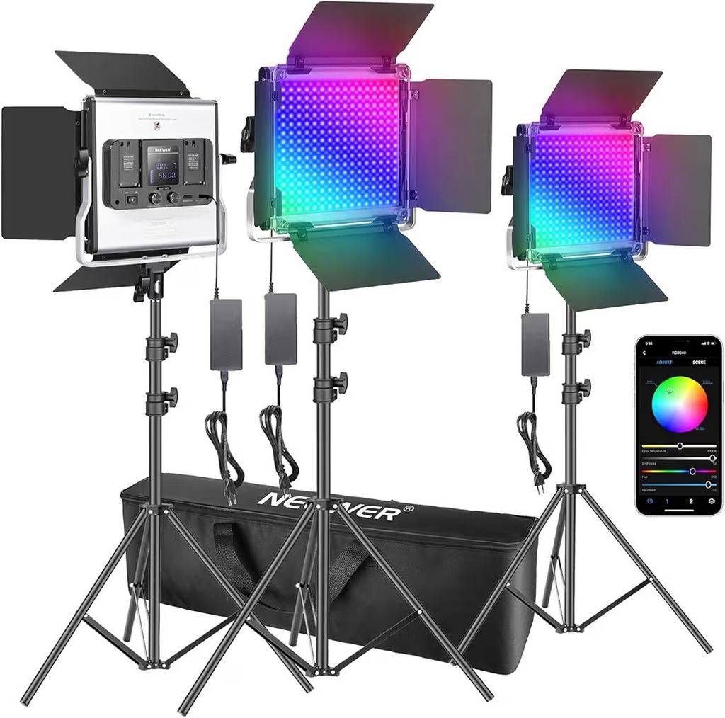 Neewer 3 RGB LED Lampen 660 met App Control, Statieven & Tas, Ophalen, Zo goed als nieuw, Lamp of Flitsset