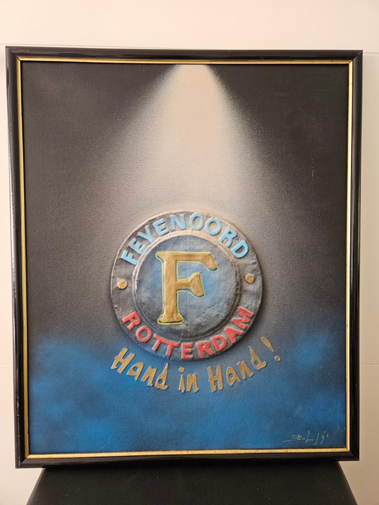 Feyenoord Schilderij - Hand in Hand, Gebruikt, 50 tot 75 cm, Ophalen of Verzenden, Schilderij