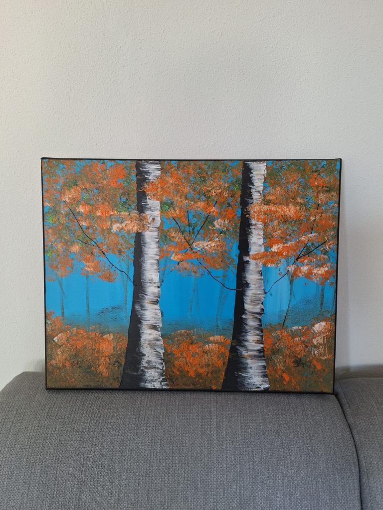 Origineel Schilderij: Herfstbos met Berkenbomen, Ophalen of Verzenden