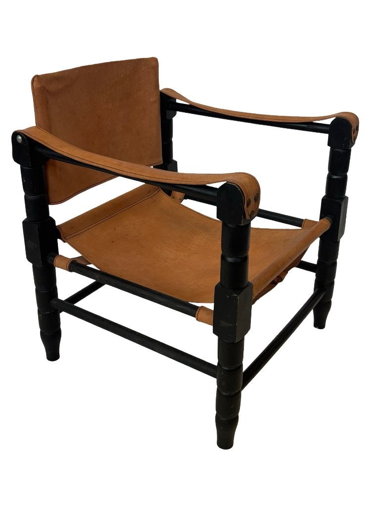 Vintage Safari fauteuil leer en hout jaren 60 design, Huis en Inrichting, Gebruikt, Vintage, 50 tot 75 cm, Vintage