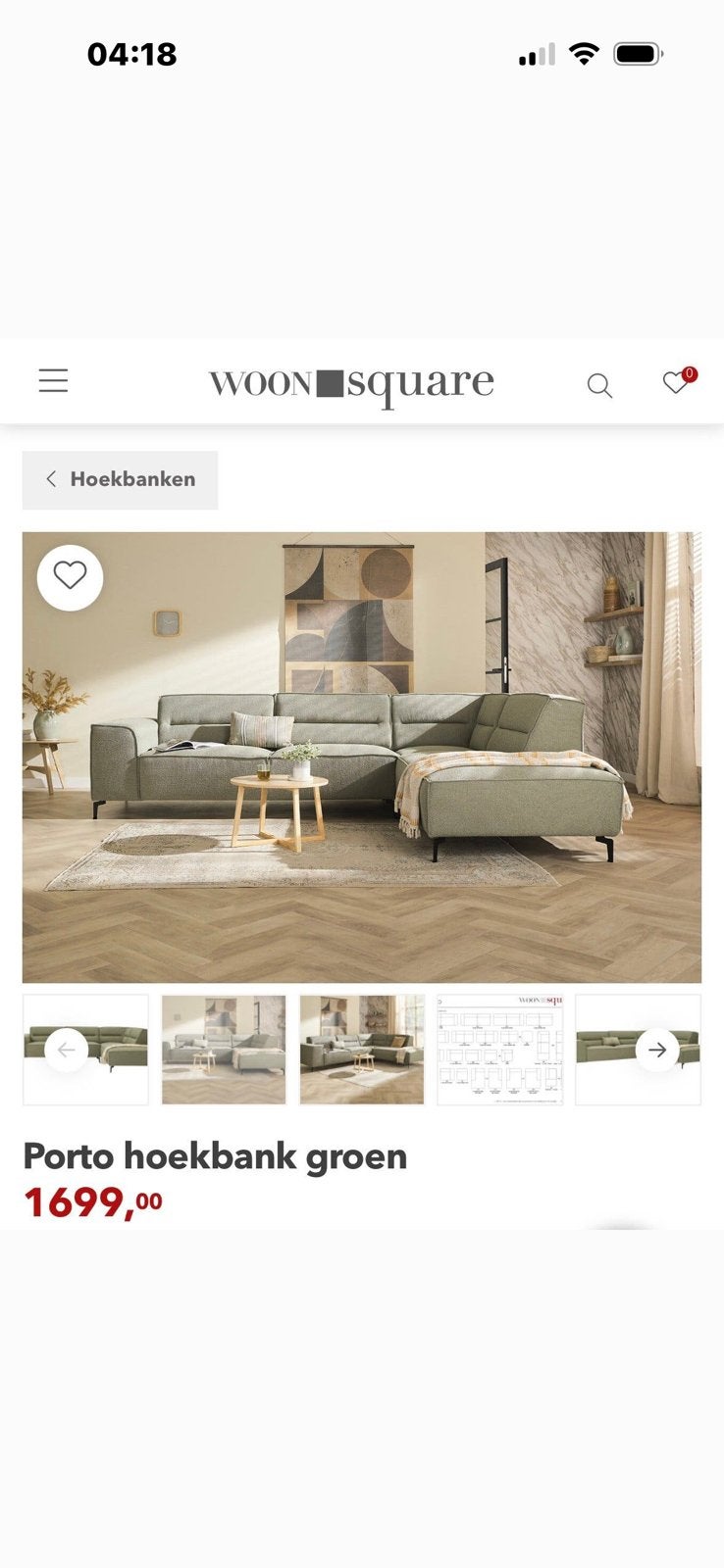 Hoekbank met hocker. Olijfgroen., Ophalen, Zo goed als nieuw, Moderne hoekbank