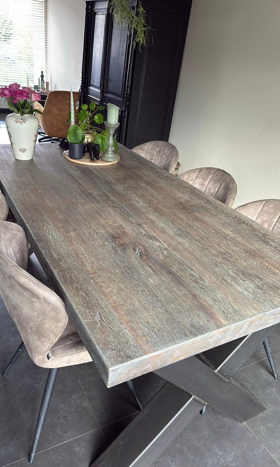 Donker grijze eiken eetkamertafel, Huis en Inrichting, Ophalen, Eikenhout, 200 cm of meer, 50 tot 100 cm