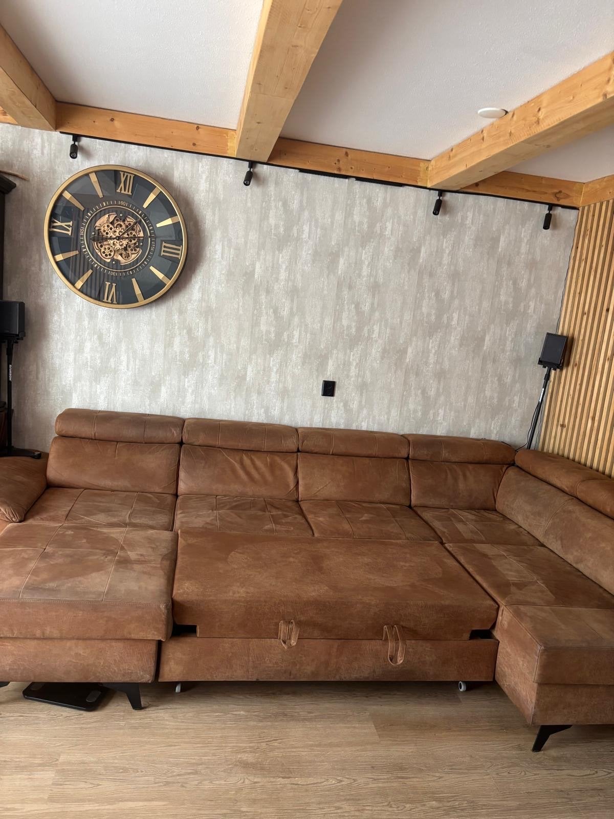 Cognac U-bank met slaapfunctie en opbergruimte, Huis en Inrichting, Gebruikt, 100 tot 125 cm, Hoekbank, 300 cm of meer