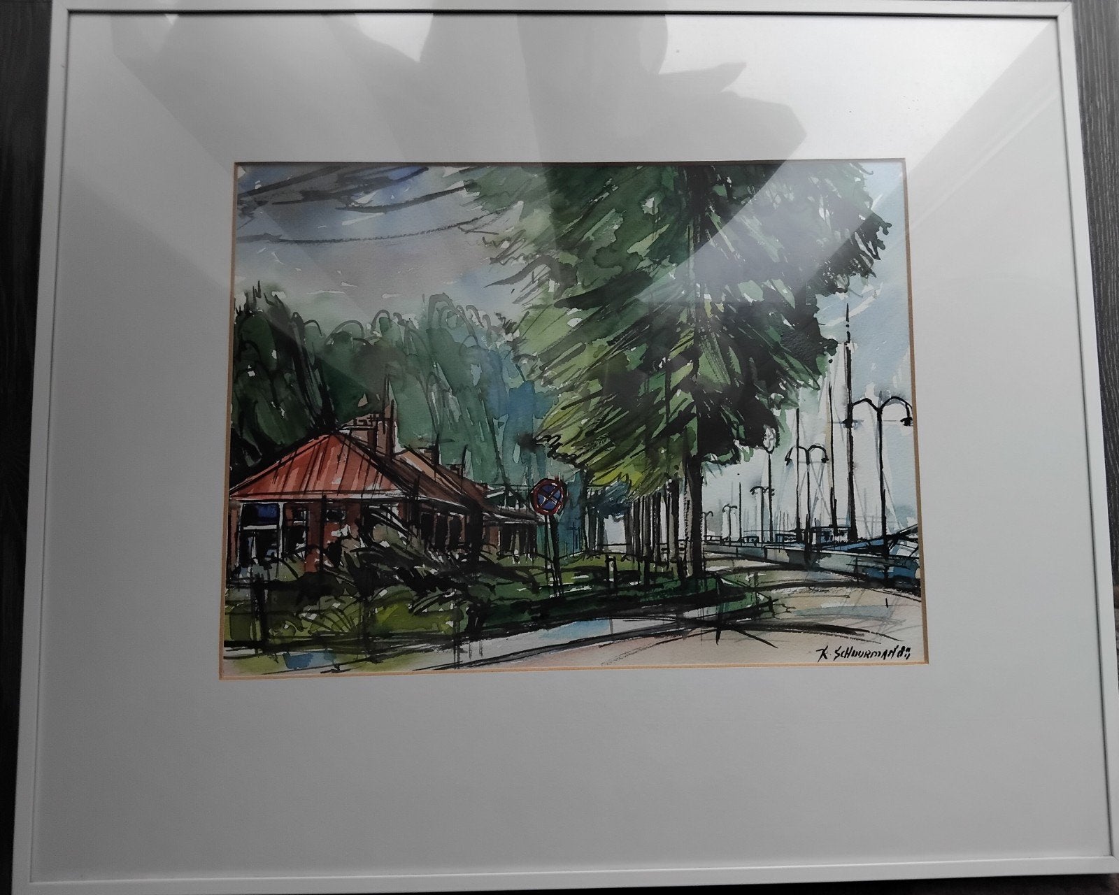 Aquarel van K. Schuurman '89 - Havenzicht, Ophalen of Verzenden