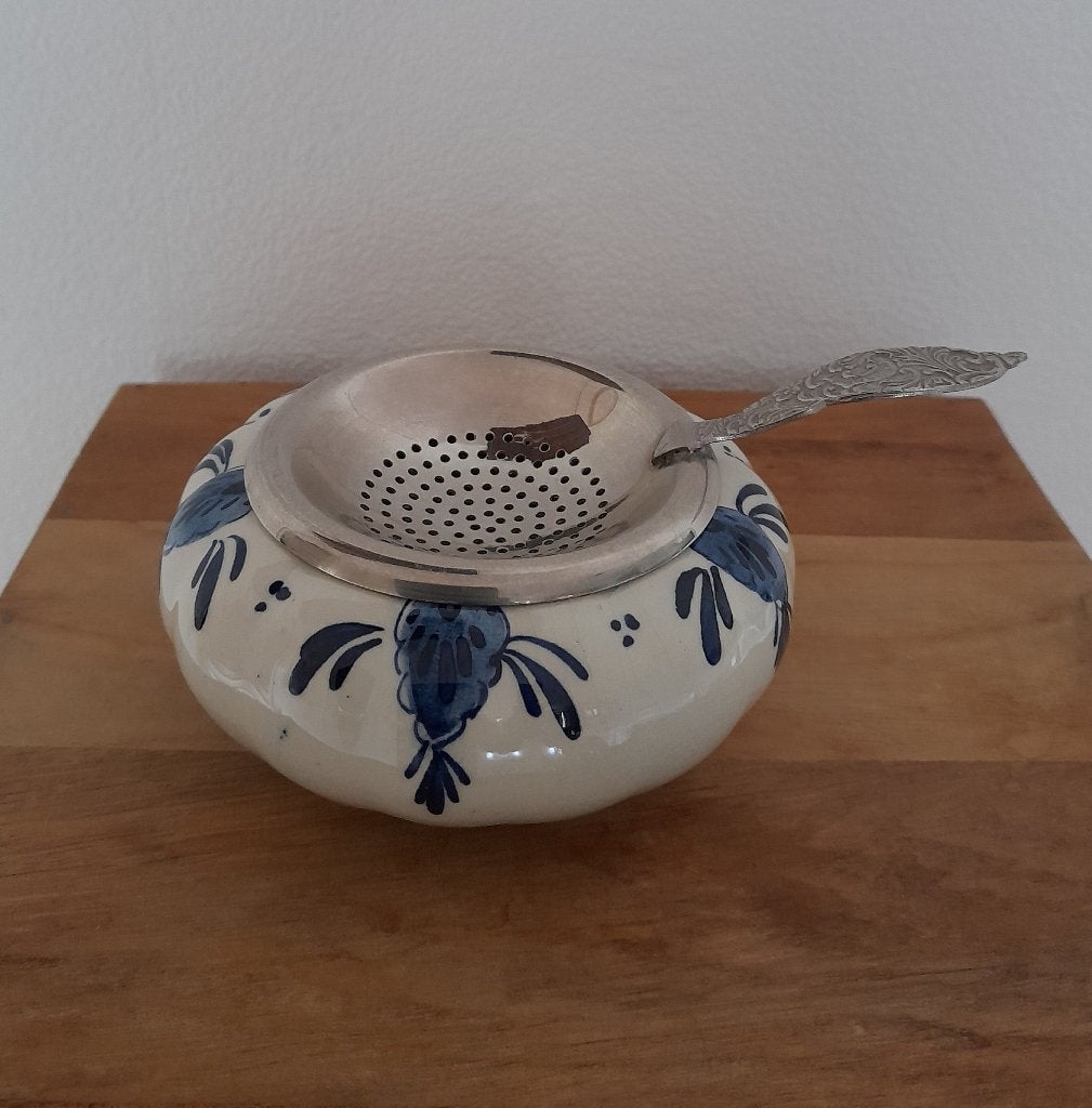 Antiek Delftsblauw theezeefje + lekbakje. Vintage, brocante., Ophalen