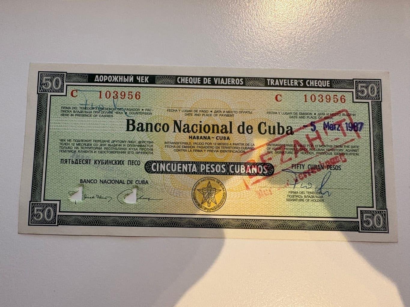 Cuba - 50 pesos travelers check/travelers cheque communist, Ophalen of Verzenden, Noord-Amerika, Los biljet