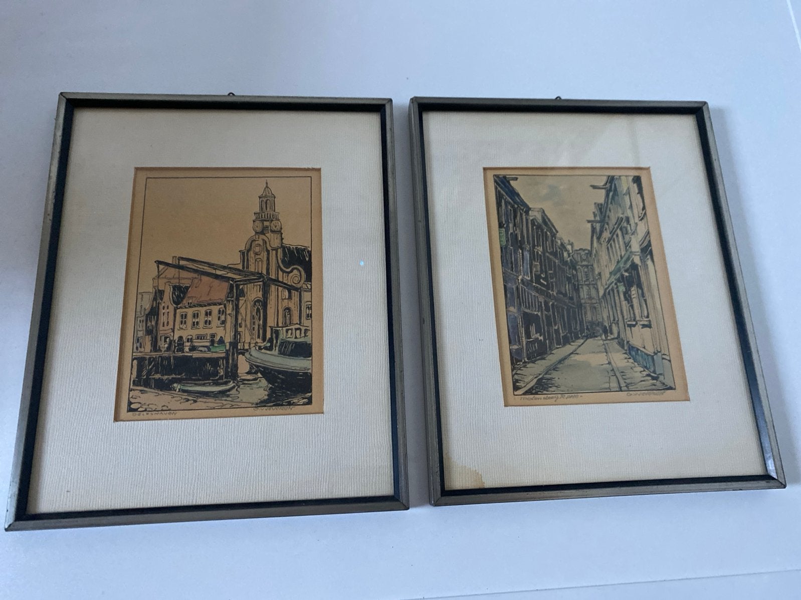 2 ingelijste etsen van G.W. Veveren - Rotterdam kunst, Antiek en Kunst, Ophalen, Ets, Stadsgezicht, Gesigneerd