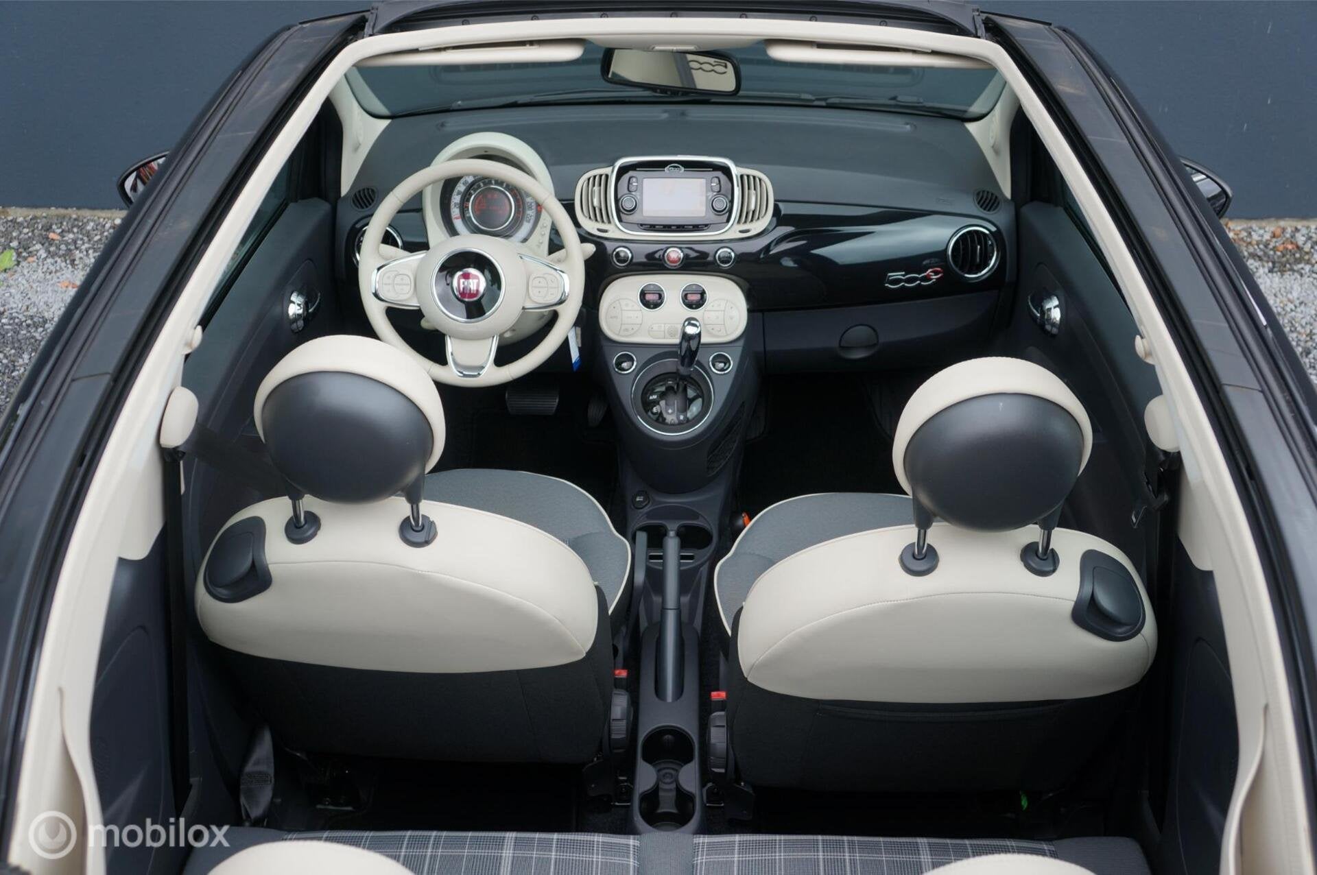 Fiat 500c 1.2 Cabrio Automaat Clima Bluetooth Navi Netjes!, Gebruikt, 4 cilinders, Leder en Stof, Zwart