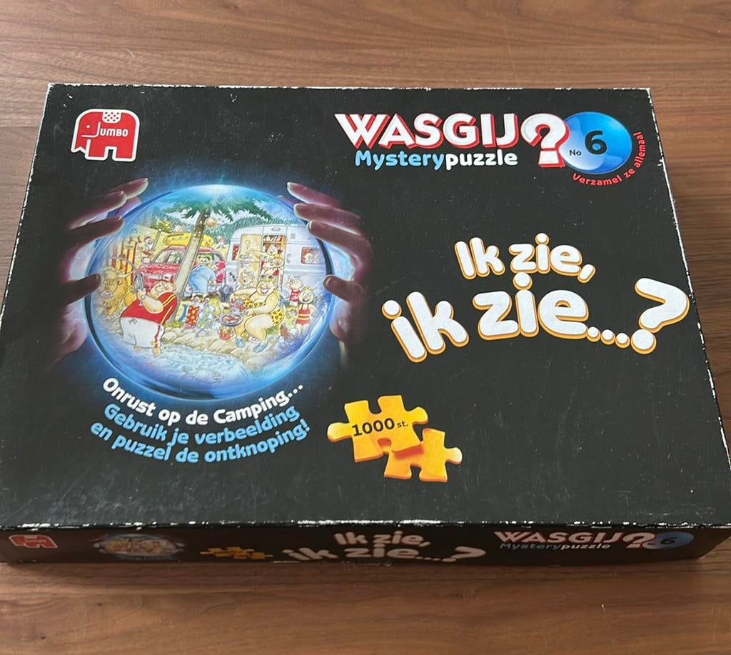 Wasgij puzzel ‘onrust op de camping’ - 1000 stukjes, Ophalen of Verzenden, 500 t/m 1500 stukjes, Zo goed als nieuw