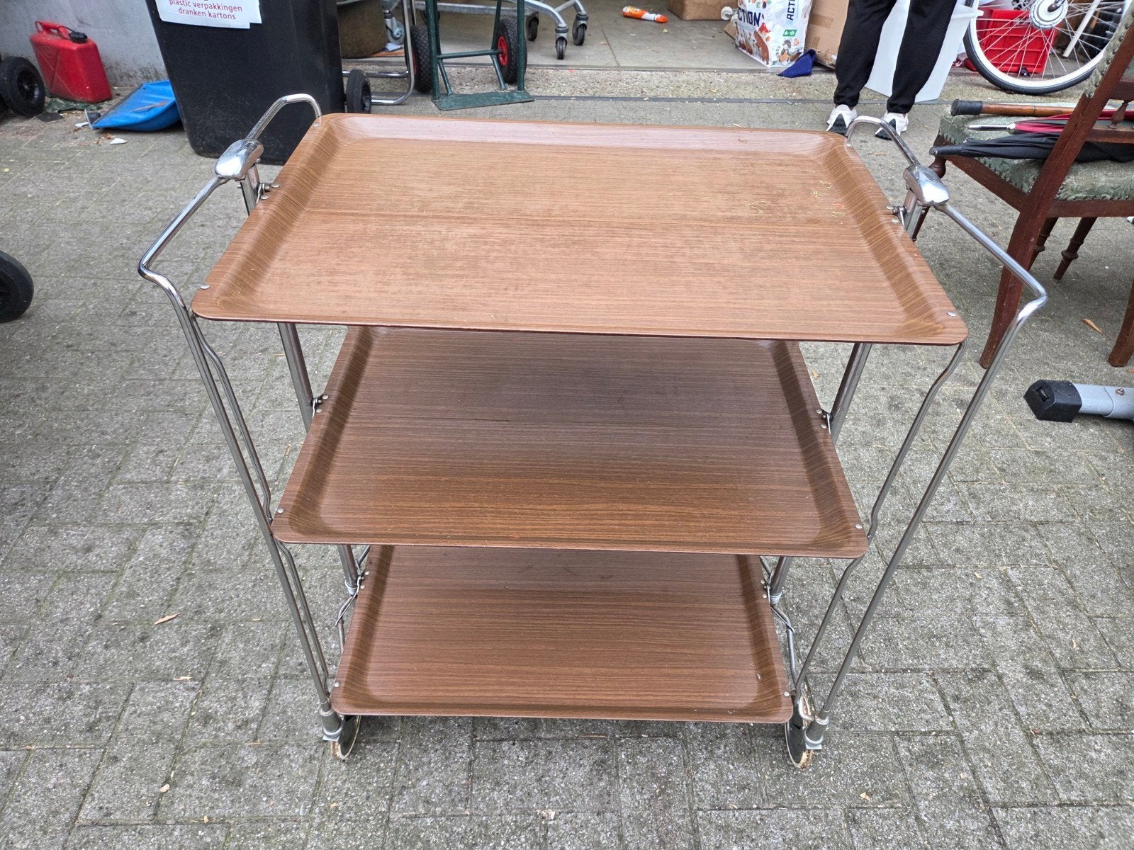 Opklapbare theetrolley van Bremshey & Co, chroom en hout, Vintage, Gebruikt, Bremshey & Co, Onbekend