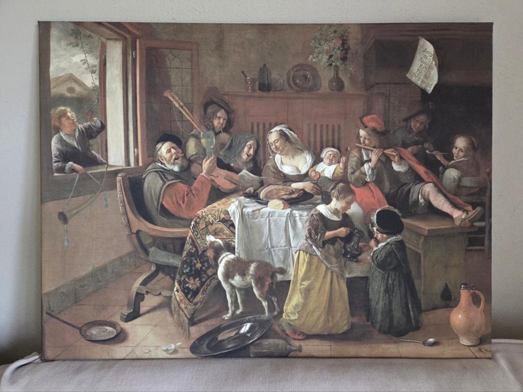 Fotoschilderij:  Het Vrolijke Huisgezin van Jan Steen, Ophalen, Meerkleurig, Textiel, Landelijk