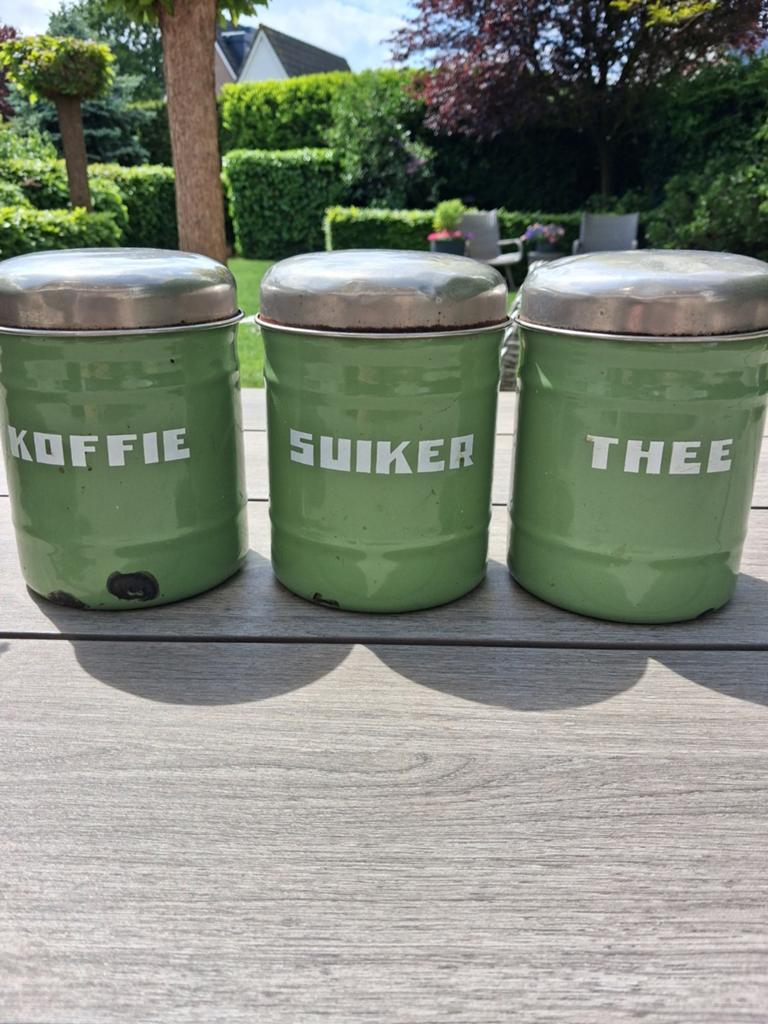 Vintage emaille voorraadpotten - Koffie, Suiker, Thee, Antiek en Kunst, Antiek | Emaille, Ophalen of Verzenden